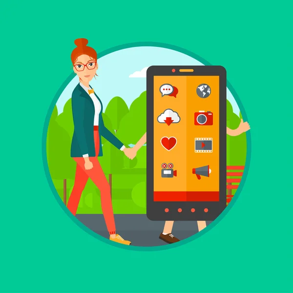 Mujer caminando con smartphone . — Vector de stock