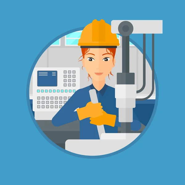 Woman working on industrial drilling machine. — Stock Vector
