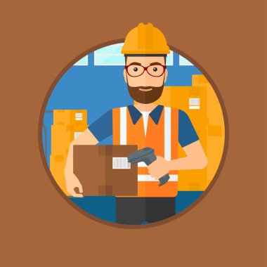 İşçi tarama barkod kutusu üzerinde ambar.