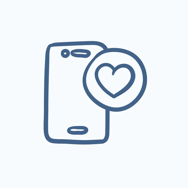 Smartphone med hjärtat tecken skiss ikon. — Stock vektor