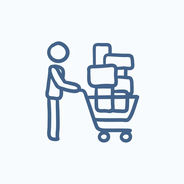 Man driver shopping cart skiss ikon. — Stock vektor