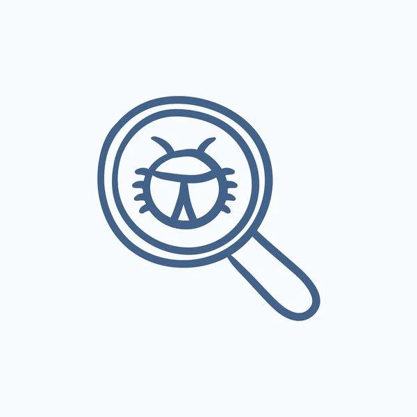 Bug under magnifying glass sketch icon. — Stock Vector