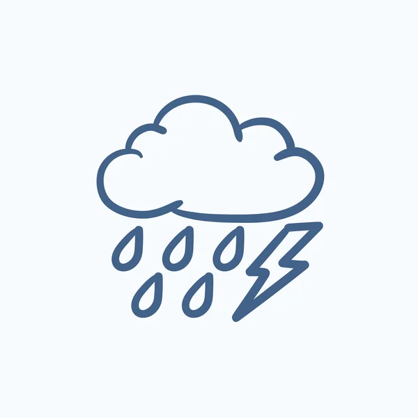 Cloud with rain and lightning bolt sketch icon. — Stock Vector