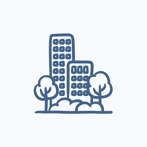Residentieel gebouw met bomen schets pictogram. — Stockvector