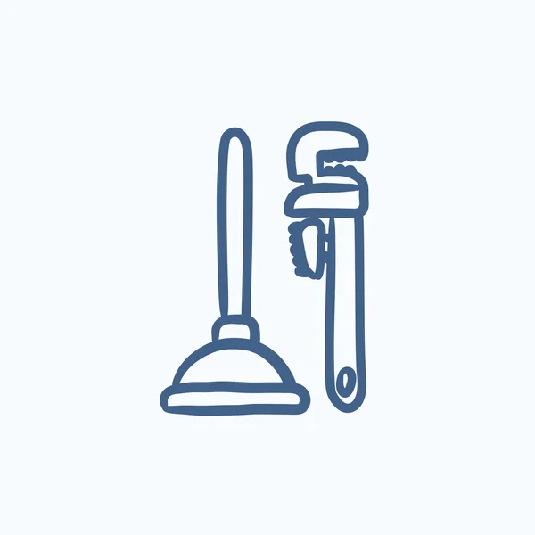 Pipe skiftnycklar och kolven skiss ikon. — Stock vektor