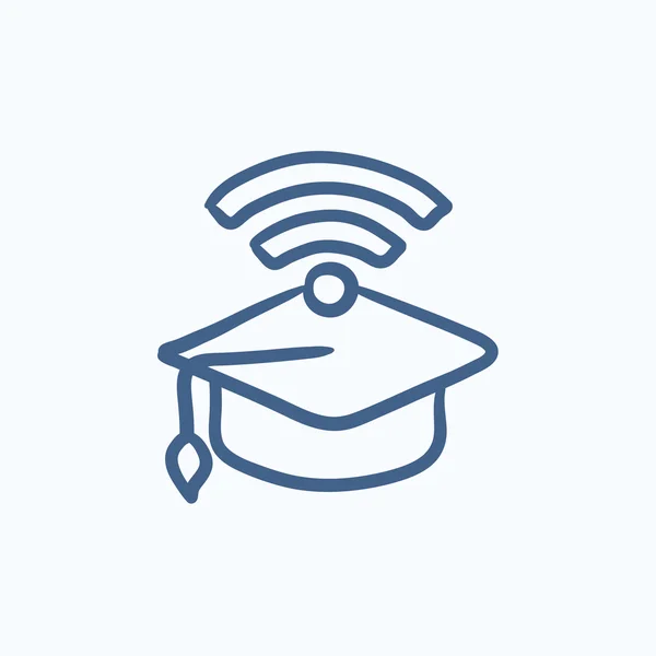 Graduation cap with wi-fi sign sketch icon. — Stock Vector
