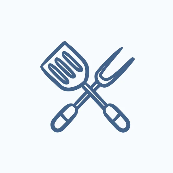 Kitchen spatula and big fork sketch icon. — Stock Vector