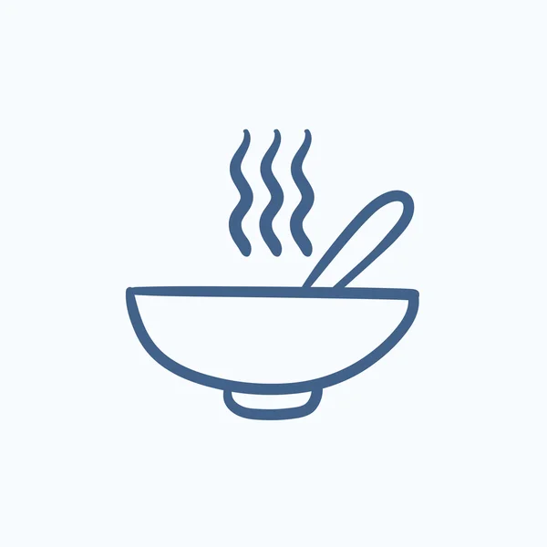 Cuenco de sopa caliente con icono de boceto cuchara . — Vector de stock