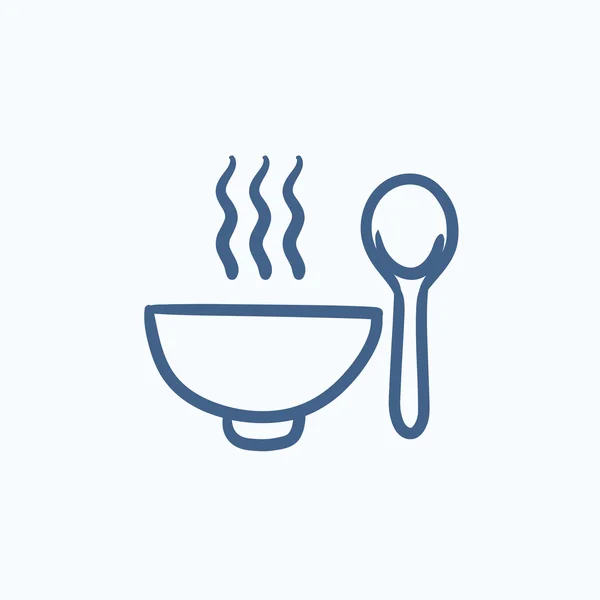 Kom van warme soep met lepel schets pictogram. — Stockvector