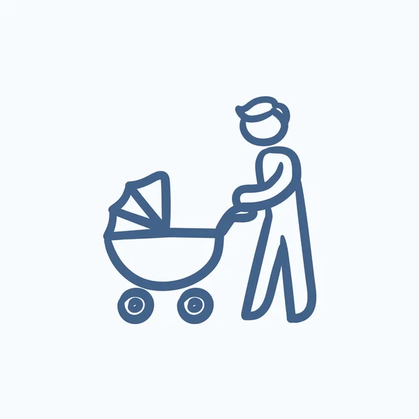 Hombre caminando con bebé cochecito icono de boceto . — Vector de stock