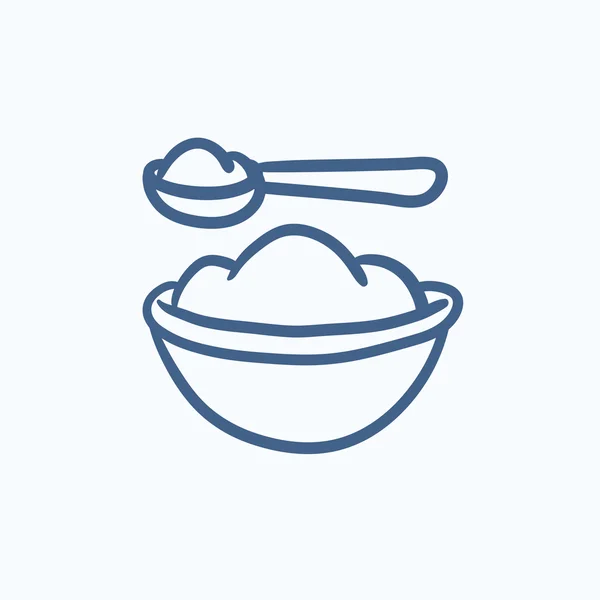 Baby spoon and bowl full of meal sketch icon. — Stock Vector