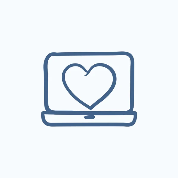 Laptop with heart symbol on screen sketch icon. — Stock Vector