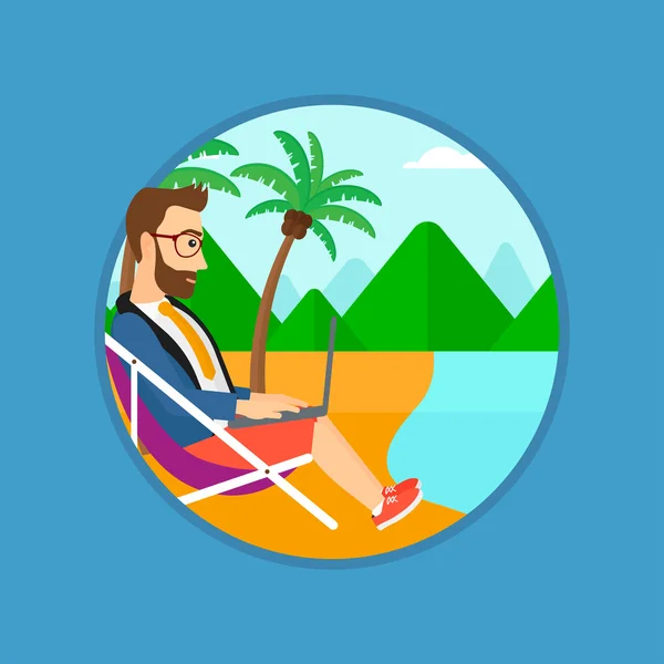 Businessman working on laptop on the beach. — Stock Vector