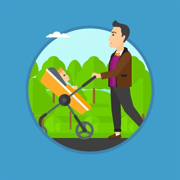 Padre caminando con su bebé en cochecito . — Vector de stock