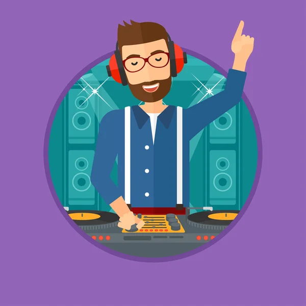 Smiling DJ mixing music on turntables. — Stock Vector