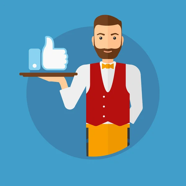Waiter with like button. — Stockvector