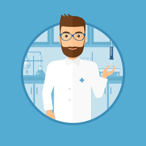 Assistente de laboratório com seringa em laboratório . — Vetor de Stock