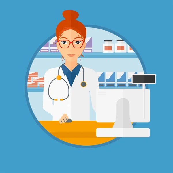 Pharmacist at counter with computer monitor. — Stockvector