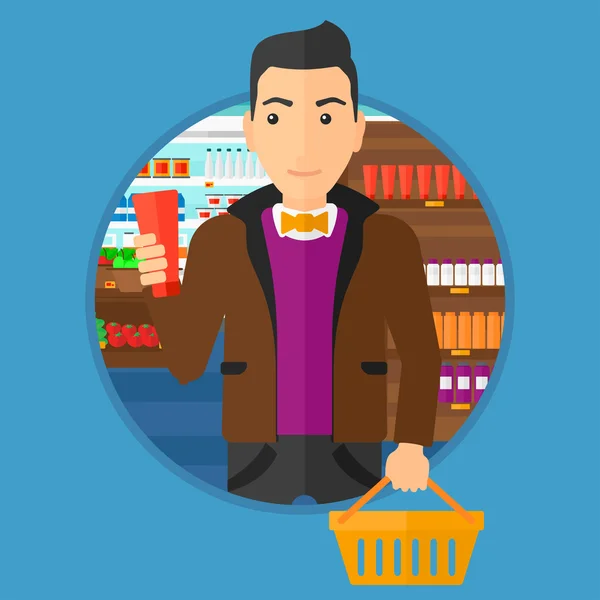 Customer with shopping basket and tube of cream. — Stock Vector