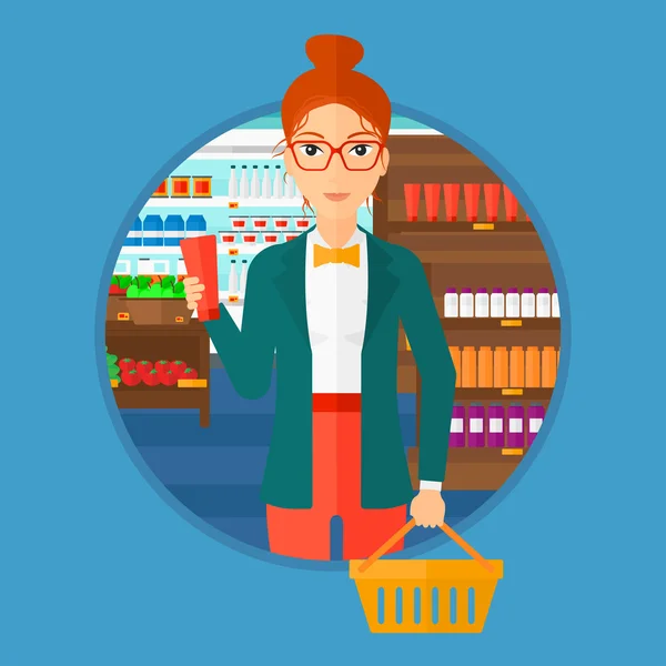 Cliente con cesta de la compra y tubo de crema . — Vector de stock