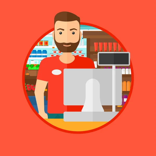 Cashier standing at the checkout in supermarket. — Stock Vector