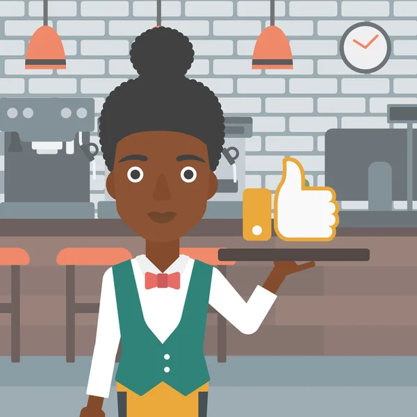 Waitress with like button. — Stockvector