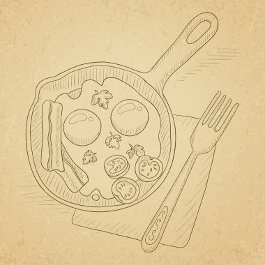 Fried eggs with bacon on frying pan. vector Fried eggs with bacon on frying pan. vector