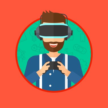 Sanal gerçeklik kulaklığı takan adam..