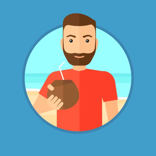 Man dricker kokos cocktail på stranden. — Stock vektor