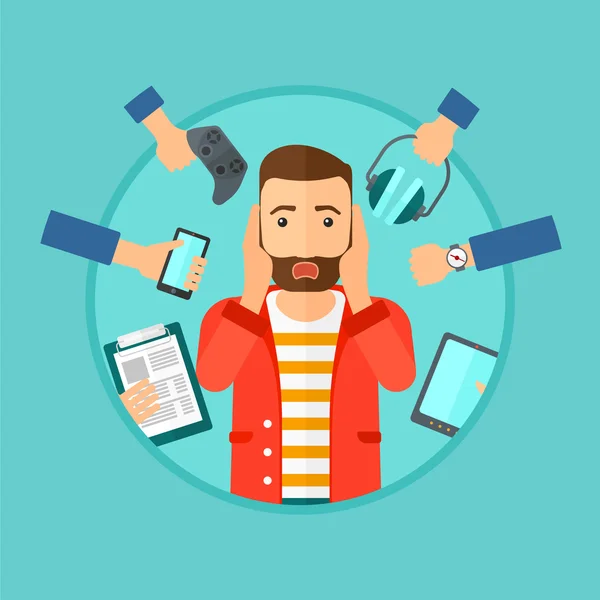 Young man surrounded with his gadgets. — Stock Vector