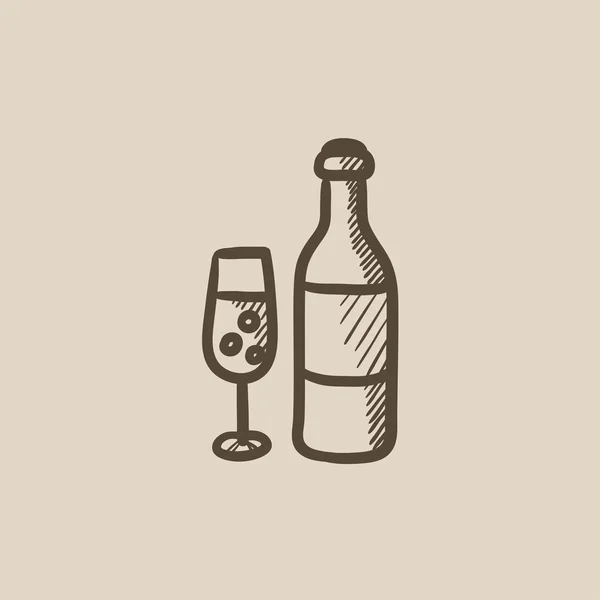 Bottle and glass of champagne sketch icon. — Stock Vector