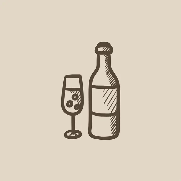 Botella y copa de champán icono del boceto . — Vector de stock