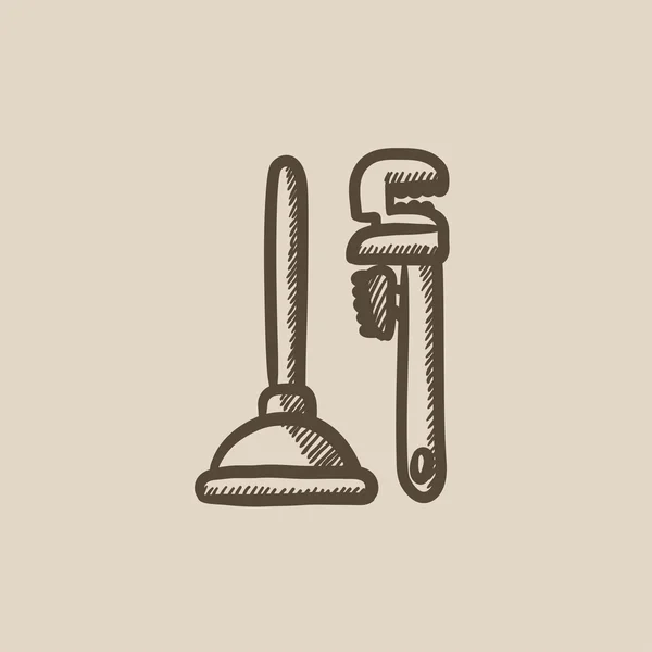 Pipe wrenches and plunger sketch icon. — Stock Vector