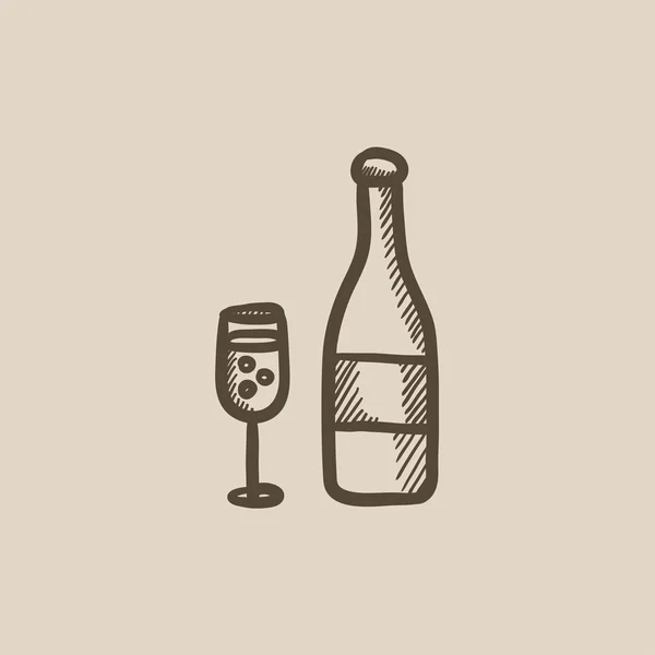 瓶的香槟和玻璃素描图标. — 图库矢量图片