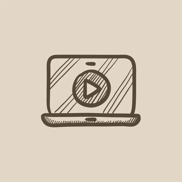 Ordenador portátil con botón de reproducción en el icono del boceto de pantalla . — Archivo Imágenes Vectoriales