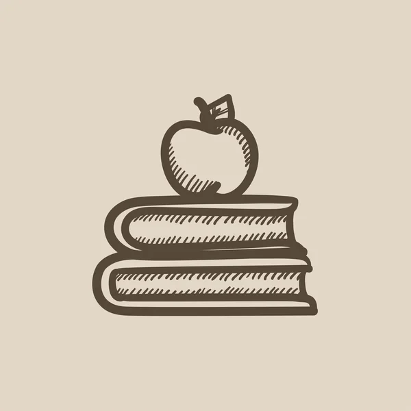Livros e maçã no ícone de esboço superior . —  Vetores de Stock