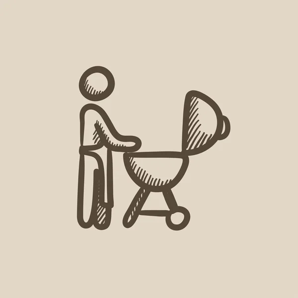 Hombre en barbacoa parrilla icono del boceto . — Vector de stock