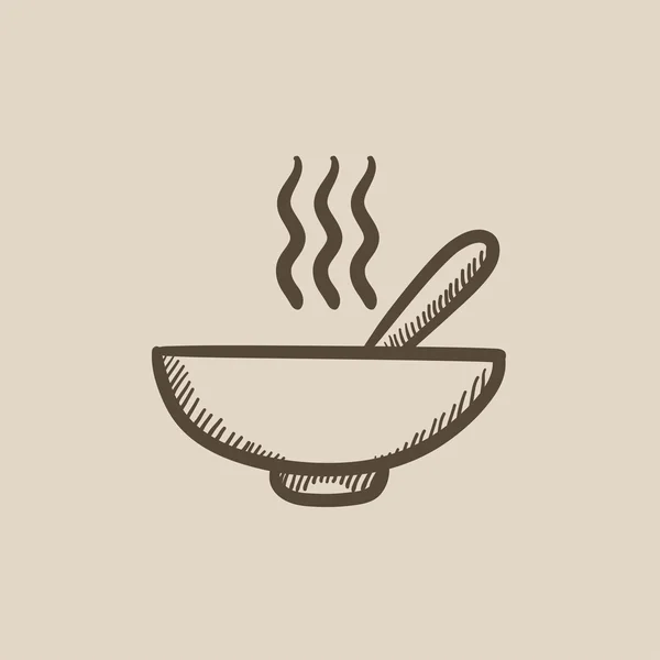 Cuenco de sopa caliente con icono de boceto cuchara . — Vector de stock