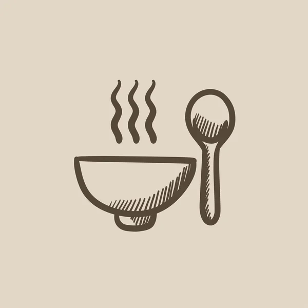 Cuenco de sopa caliente con icono de boceto cuchara . — Vector de stock