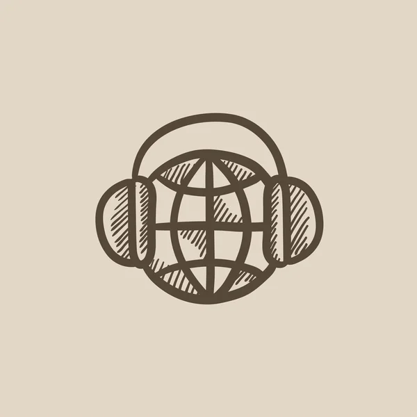 Globe in hoofdtelefoons schets pictogram. — Stockvector