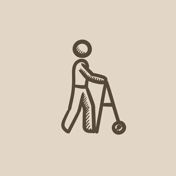 Uomo con walker schizzo icona . — Vettoriale Stock