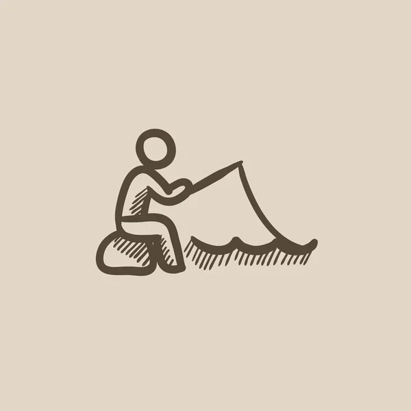 Ψαράς κάθεται με ράβδο σκίτσο εικονίδιο. — Διανυσματικό Αρχείο