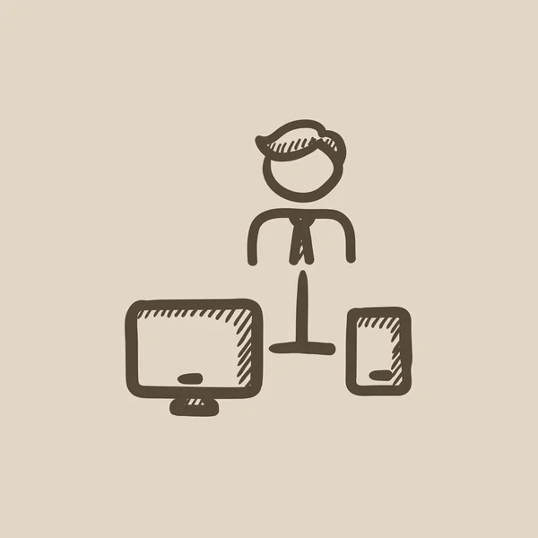 Hombre vinculado con la computadora y el icono del boceto del teléfono . — Archivo Imágenes Vectoriales