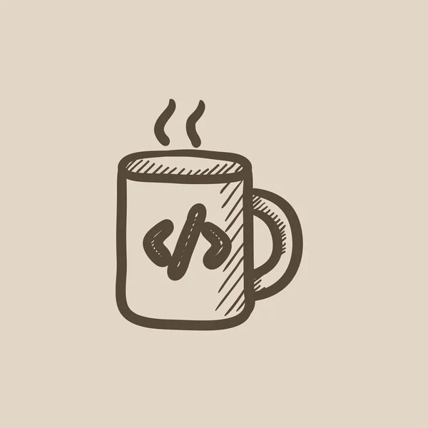 Kopje koffie met code teken sketch pictogram. — Stockvector