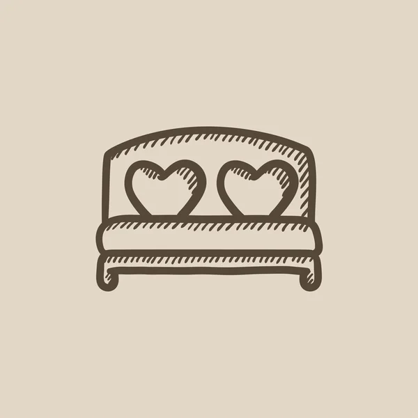 Hjärtformade kuddar på sängen skiss ikon. — Stock vektor