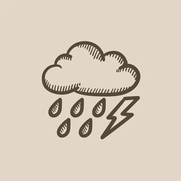 Cloud with rain and lightning bolt sketch icon. — Stock Vector