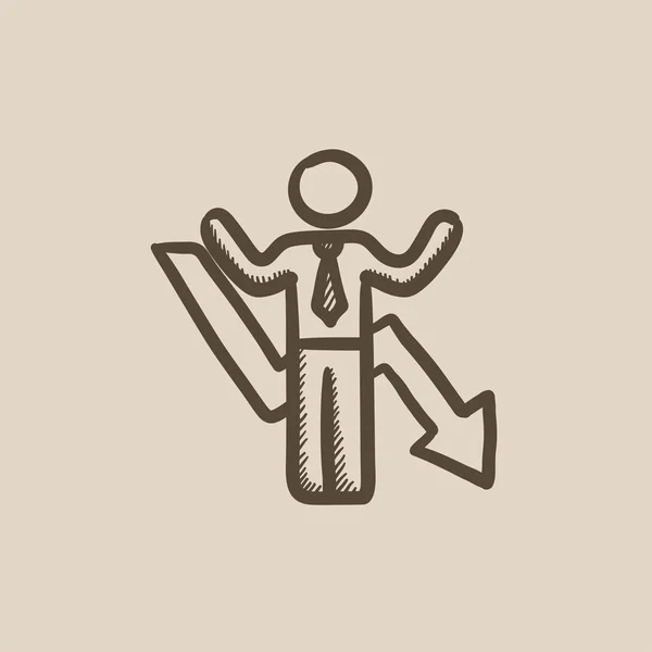 Hombre de negocios con flecha hacia abajo icono de boceto . — Vector de stock