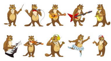 Sevimli kunduzlar müzik illüstrasyonvektör seti.