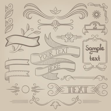 Vintage şeritler, çerçeveler ve öğeleri kümesi.
