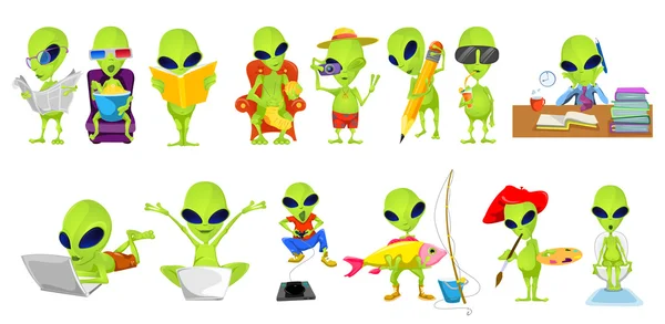 Vector set of green aliens hobby illustrations. — Stock Vector